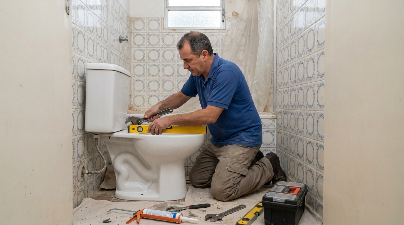 Técnico instalando vaso sanitário em Divinópolis‑MG